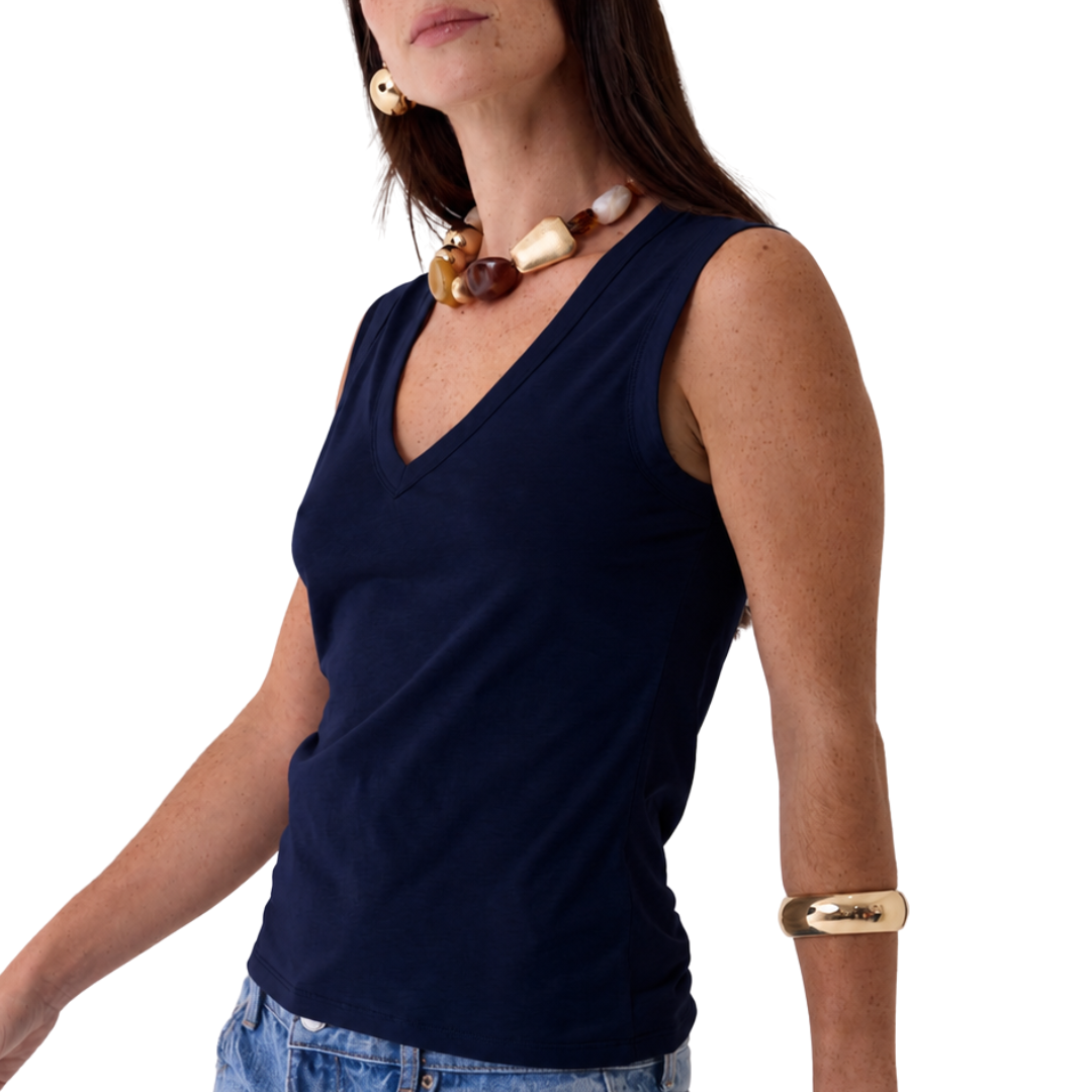 Cotton Silk V-Neck Tank in Marine