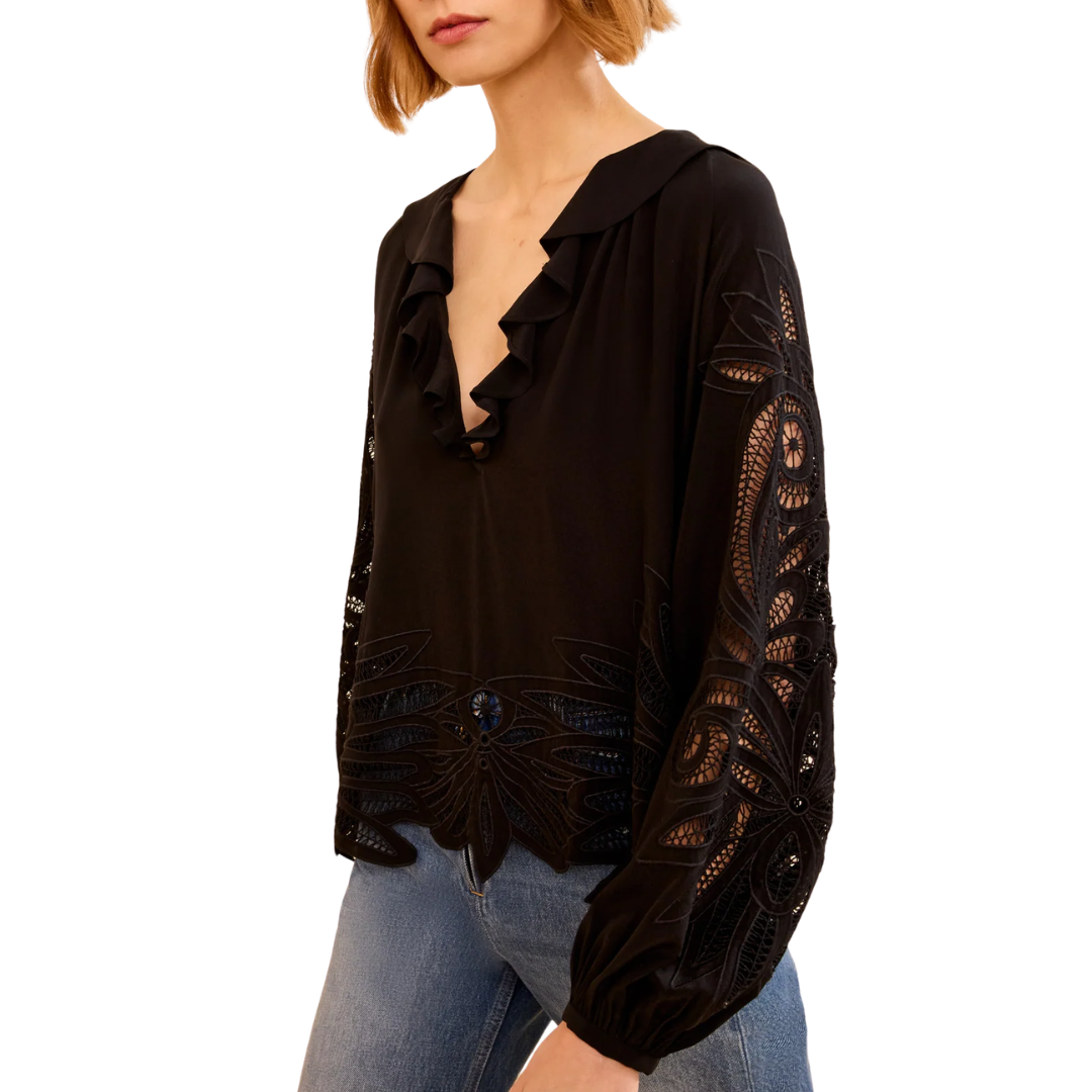 Adonis Silk Applique Blouse in Noir