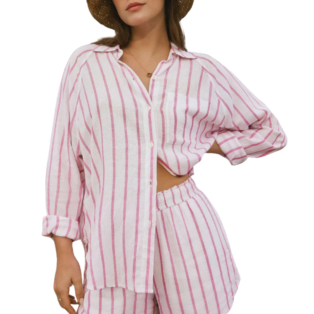 Perfect Linen Striped Top in Spanish Rose