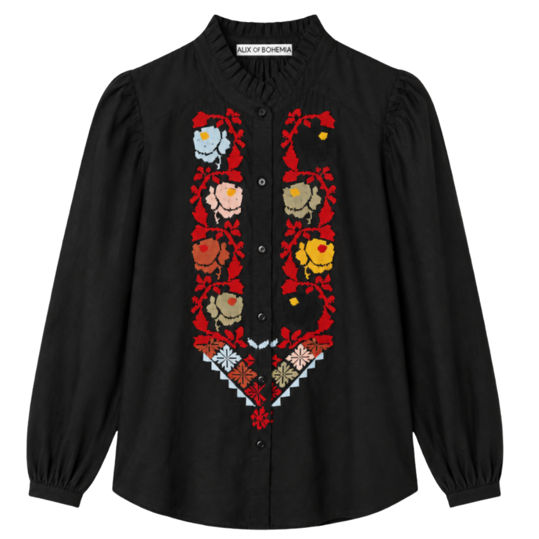 Annabel Emblem Panel Shirt in Black