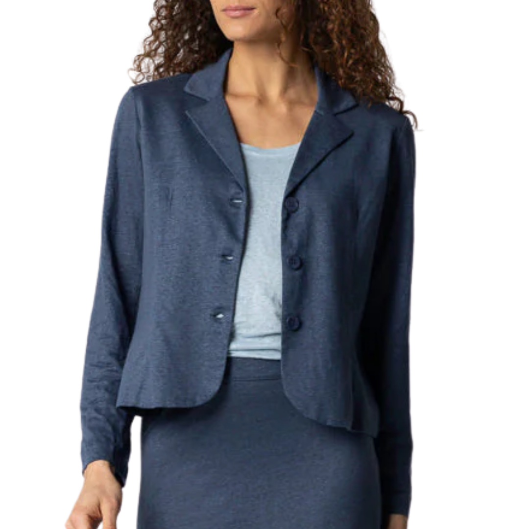 Stretch Linen Three Button Blazer in Bleu de Nimes