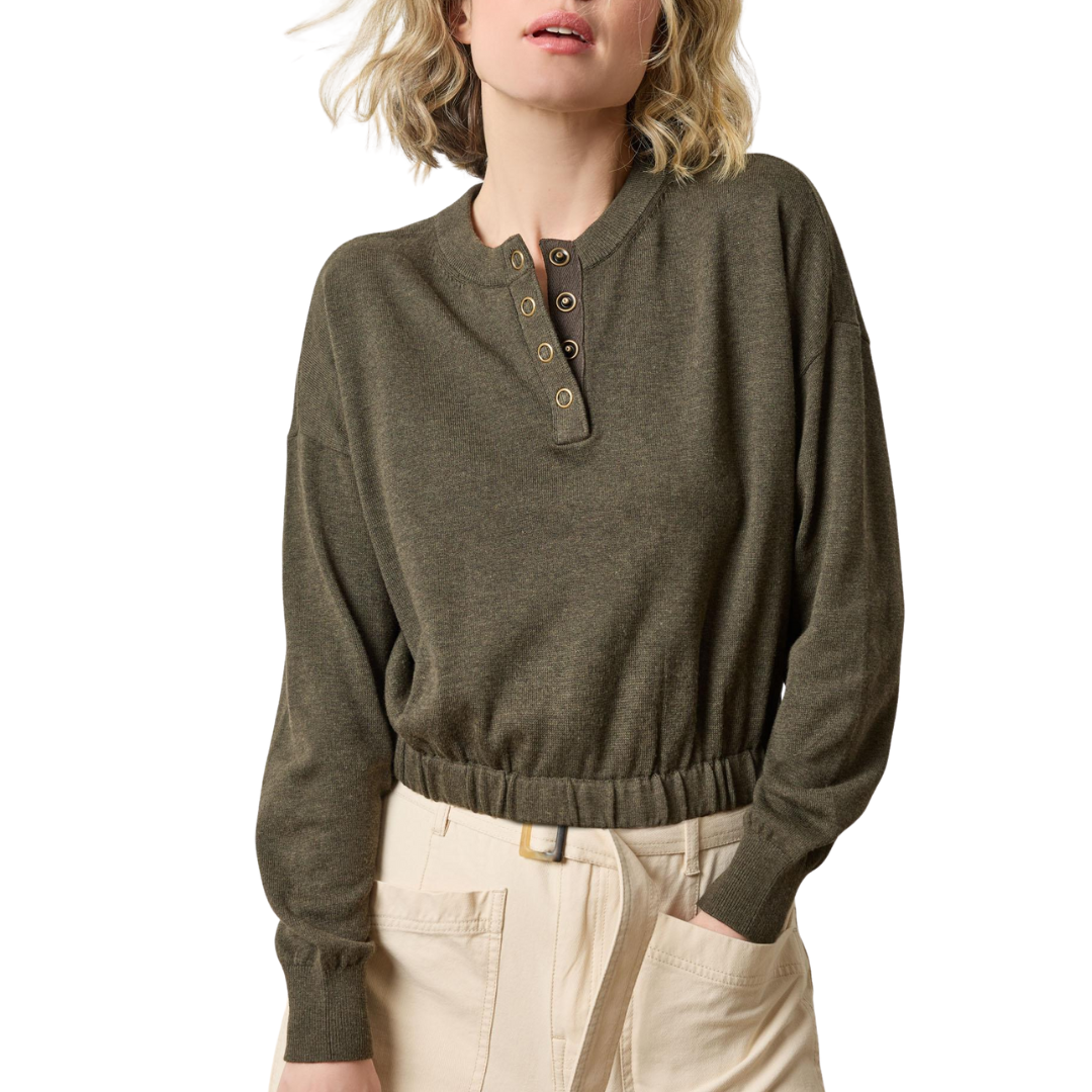 Elastic Waist Henley Sweater in Fir