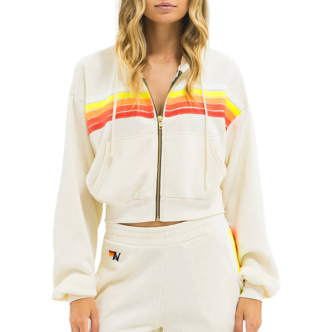 5 Stripe Cropped Zip Hoodie in Vintage White/White Neon