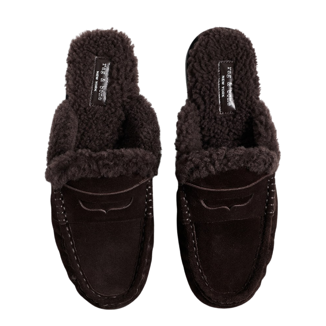 Carter Shearling Mules in Dark Chocolate Suede