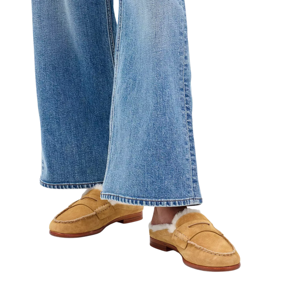 Carter Suede Shearling Mules in Caramel