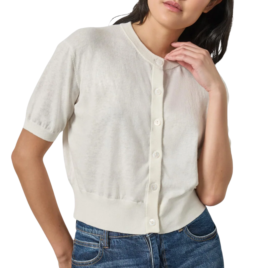 Short Sleeve Cardigan in White Linen