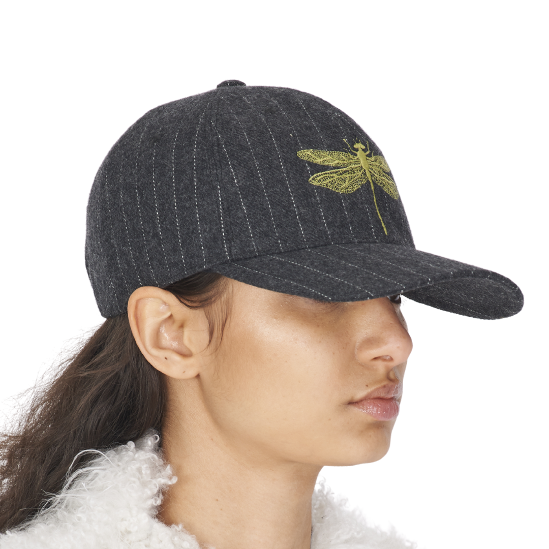 Pinstripe Wool Embroidered Cap in Graphite