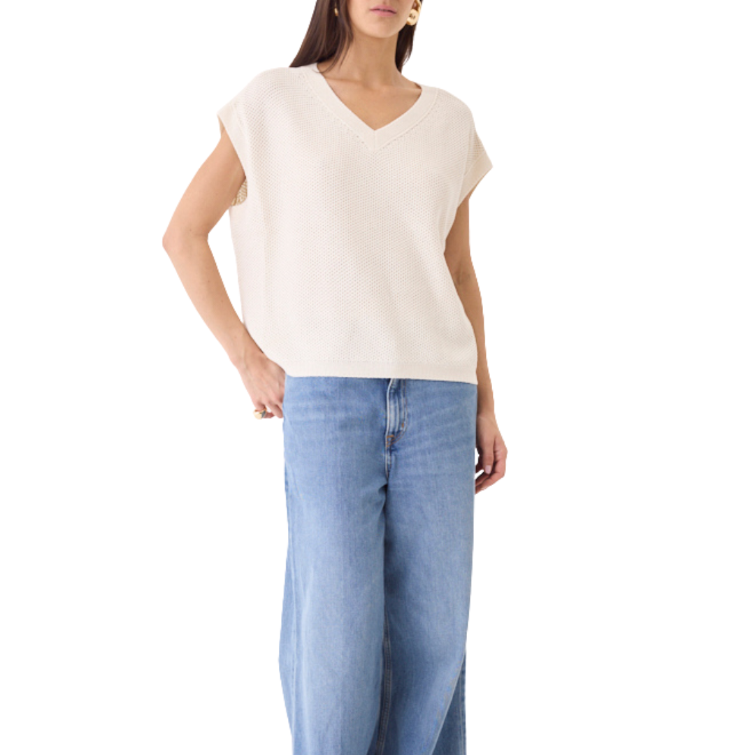 Organic Cotton Knit Cap Sleeve V-Neck Top in Milk