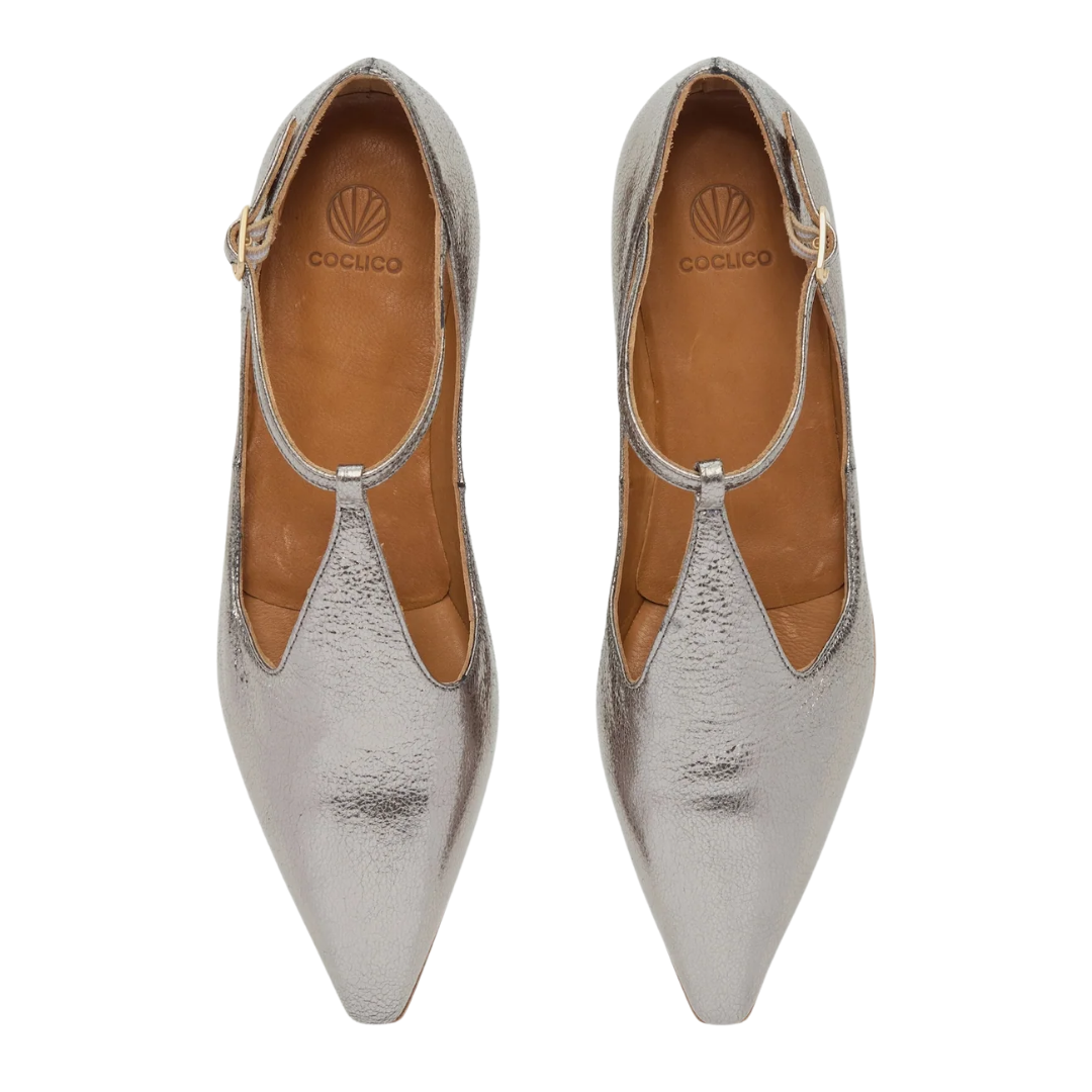 Celeste T-Strap Flat in Acero Crinkled Metallic Leather