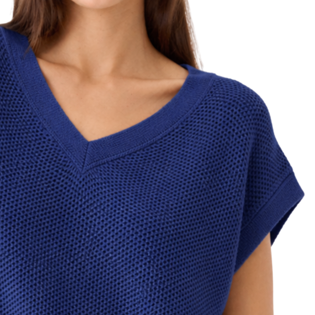 Organic Cotton Knit Cap Sleeve V-Neck Top in Blue Moon