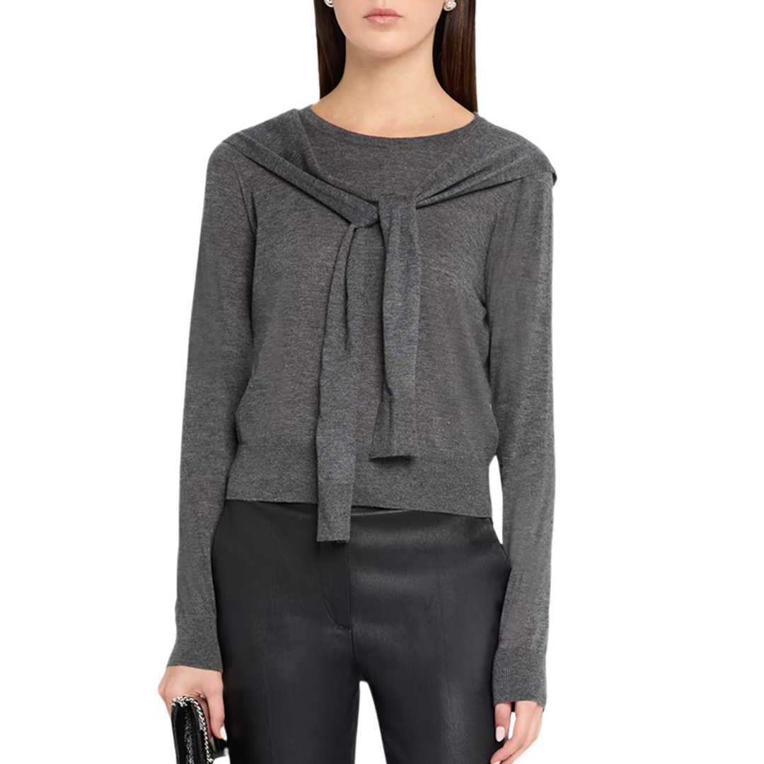Long Sleeve Crew W/ Faux Tie Sleeves in Bankers' Grey