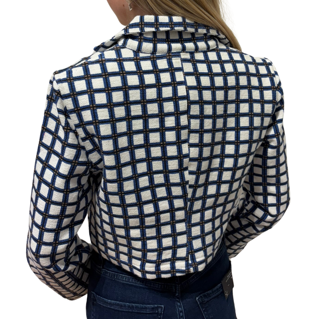 Cropped Moto Jacket in Blue/White