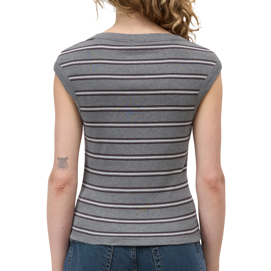 Striped Cap-Sleeve Top in Dark Grey Melange