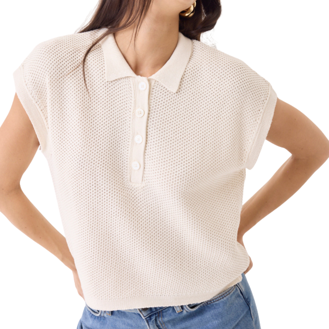 Organic Cotton Knit Cap Sleeve Polo in Milk