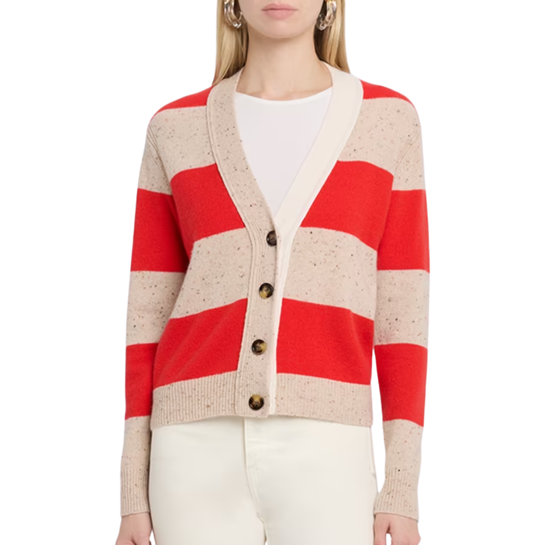 4-Ply Rugby Cardigan in Wild Rice/Redhot/Chalk Combo