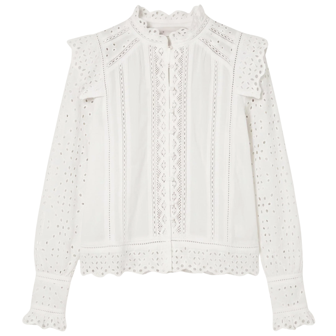 Eyelet Long Sleeve Blouse in Off-White