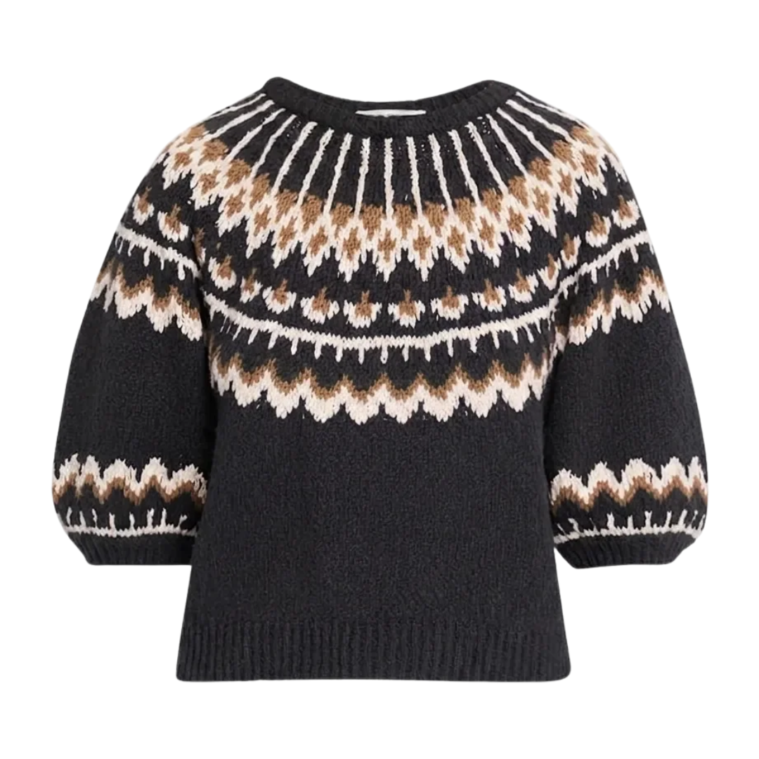 Puff Sleeve Fair Isle Crew in Charcoal/Paper Bag Combo