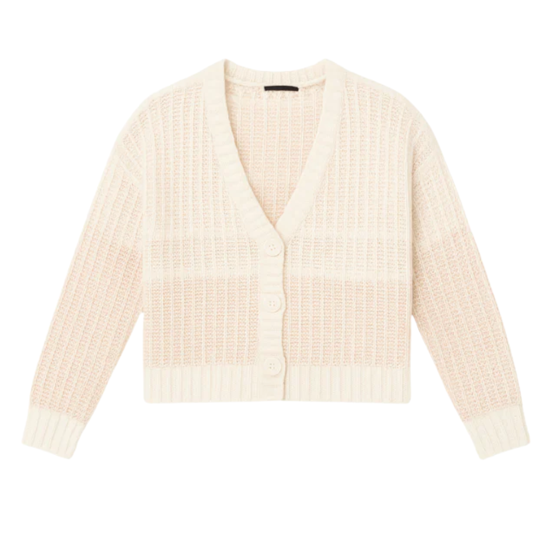 2-Tone Jacquard Cropped V-Neck Cardigan in White/Sand