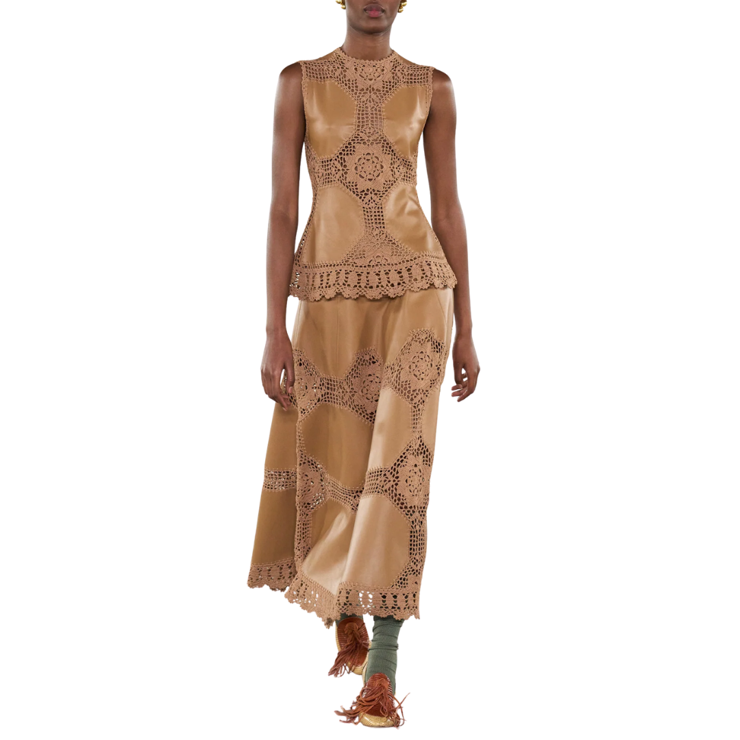 Izra Crochet & Leather Skirt in Camel