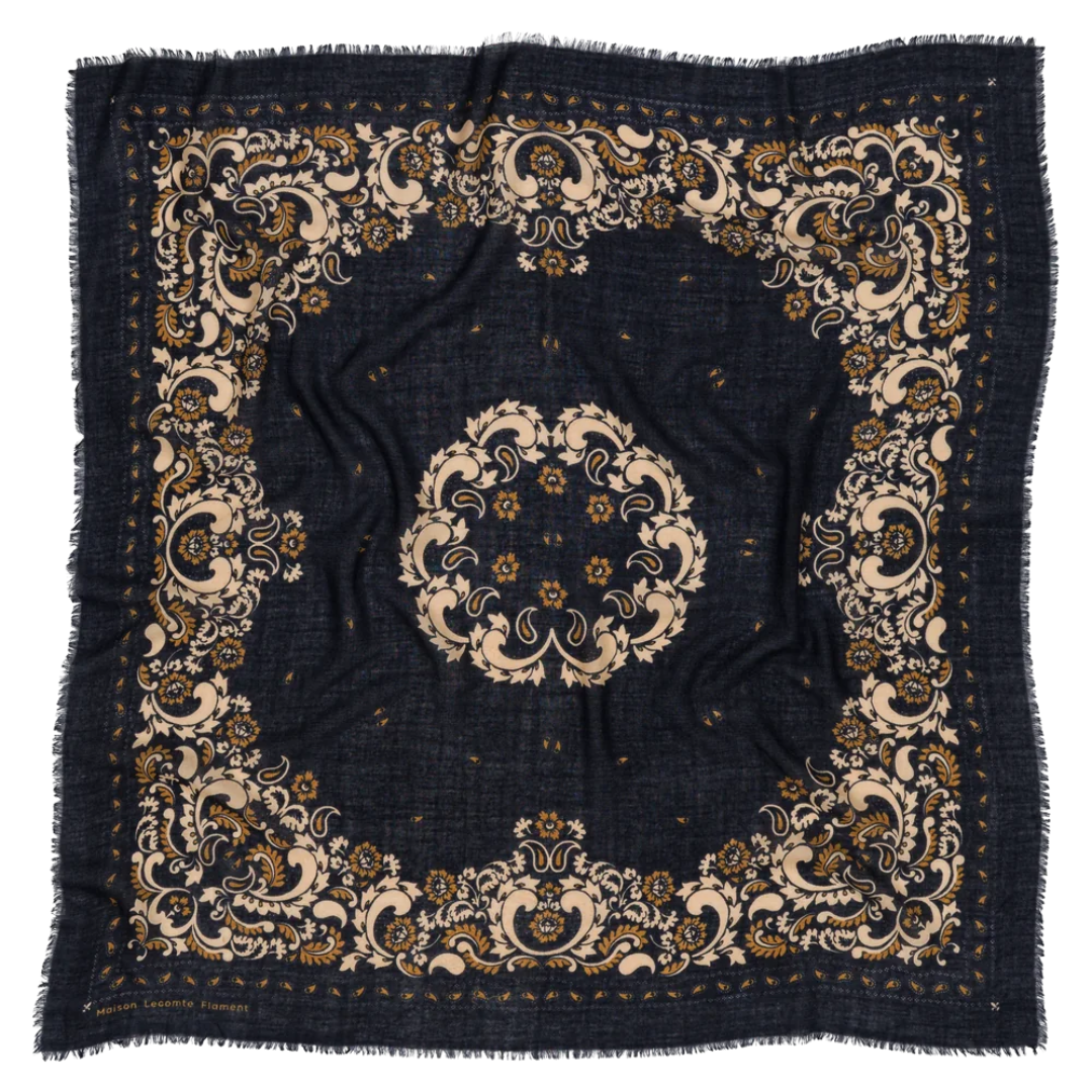 Bandana Flowers Wool Cashmere in Navy