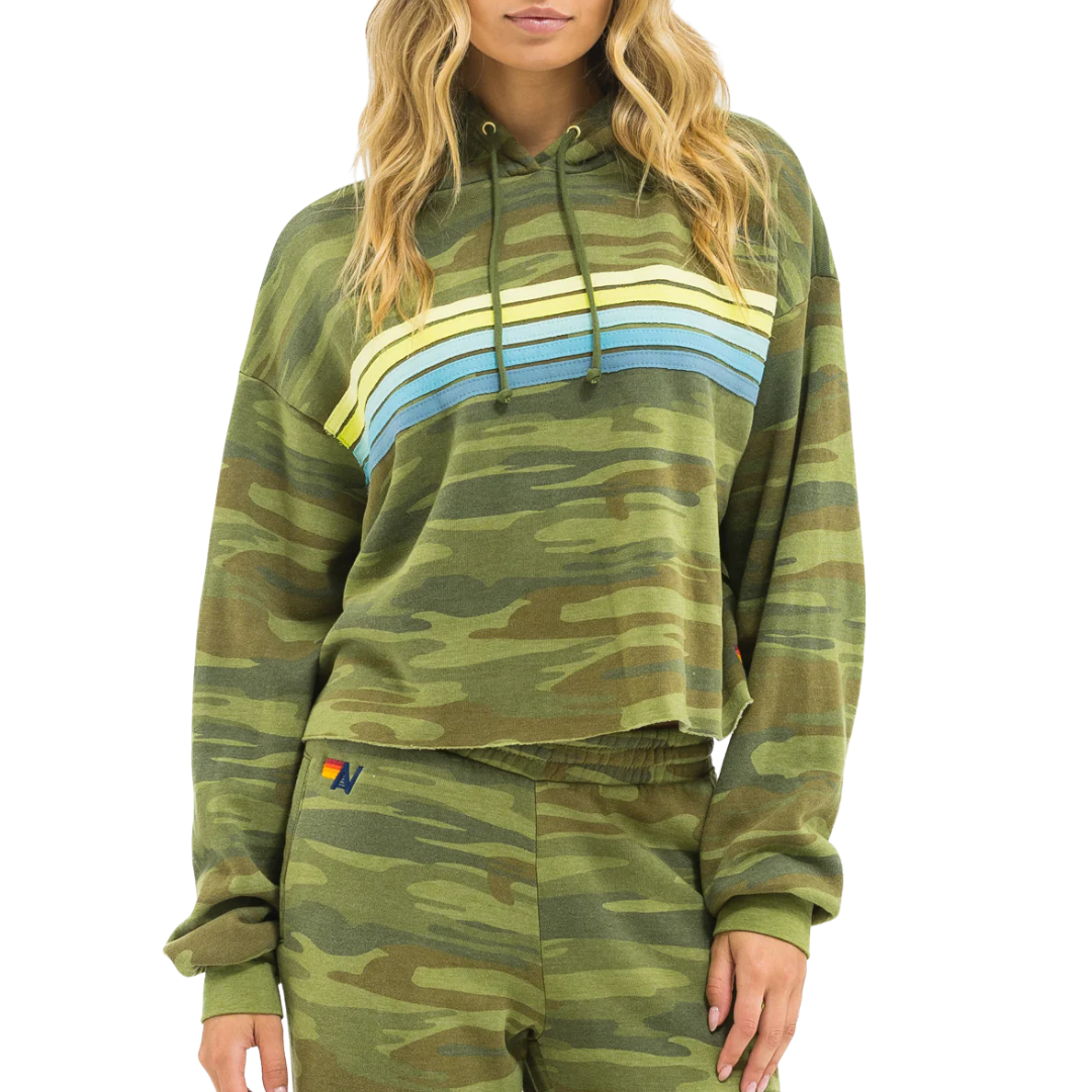 5 Stripe Cropped Pullover Hoodie in Camo/Lime/Aqua