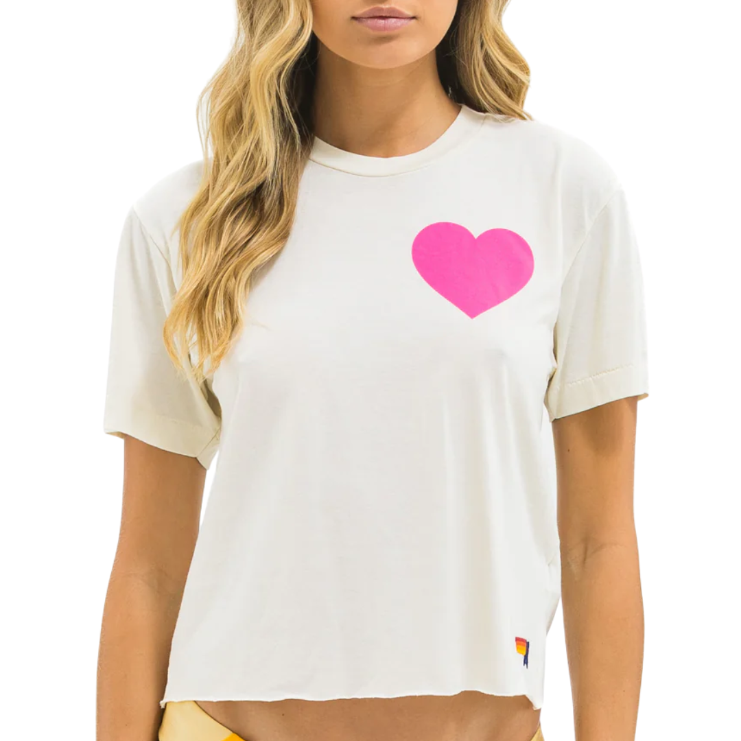 Heart Print Boyfriend Tee in Vintage White/Neon Pink