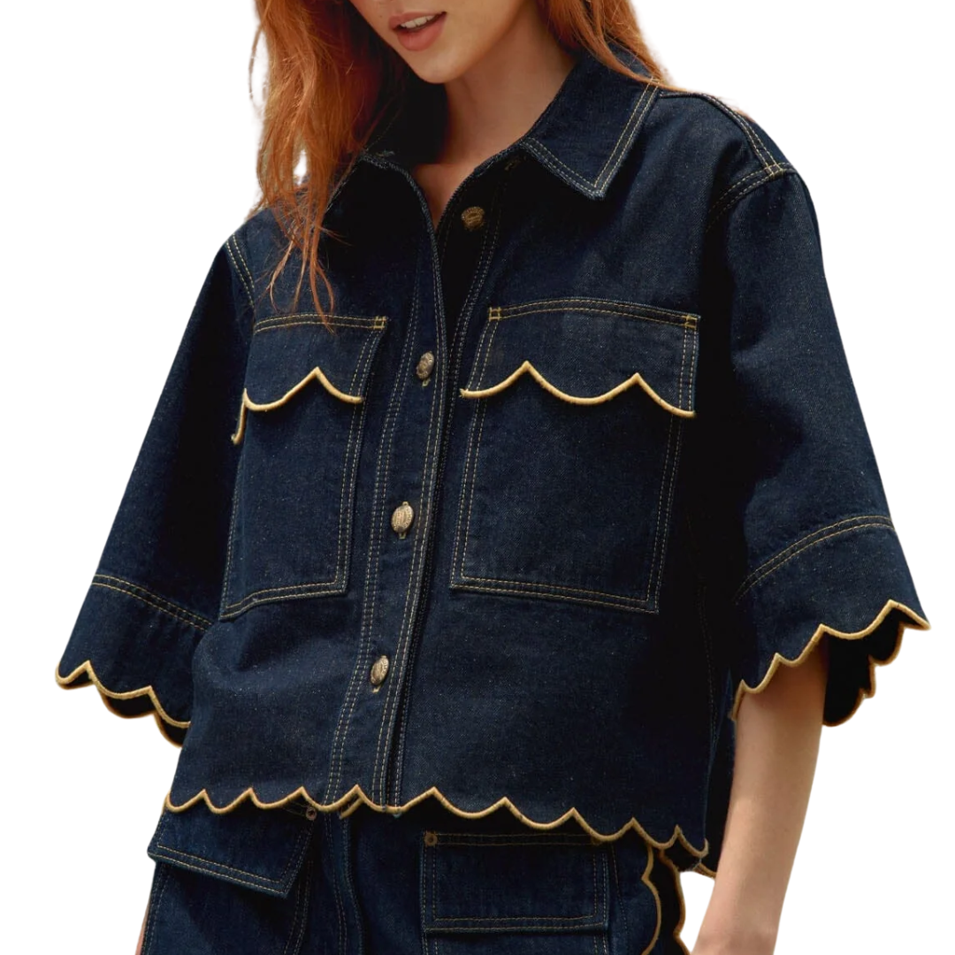 Wavy Hem Short Sleeve Shirt in Dark Denim