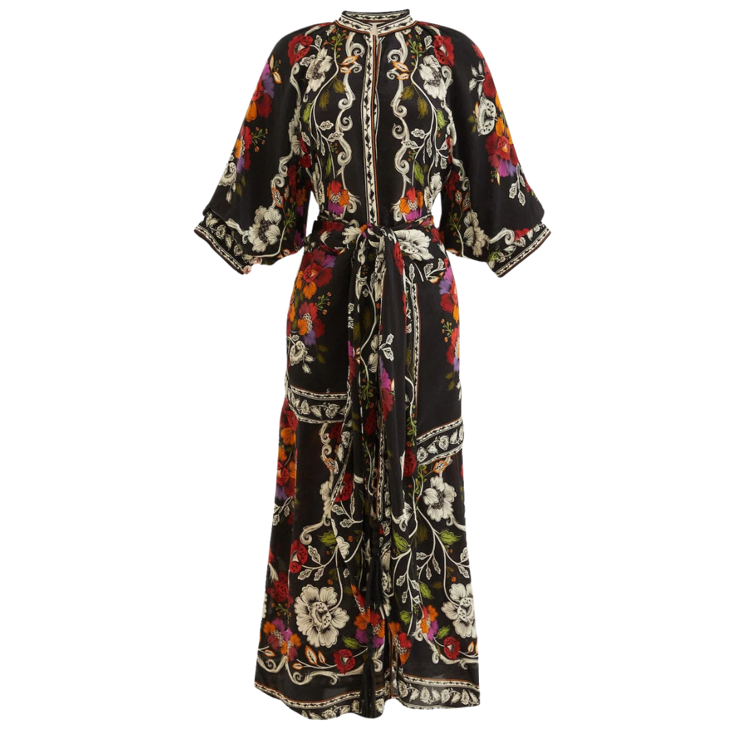 Belted Midi Dress in Black Rococo Flowers