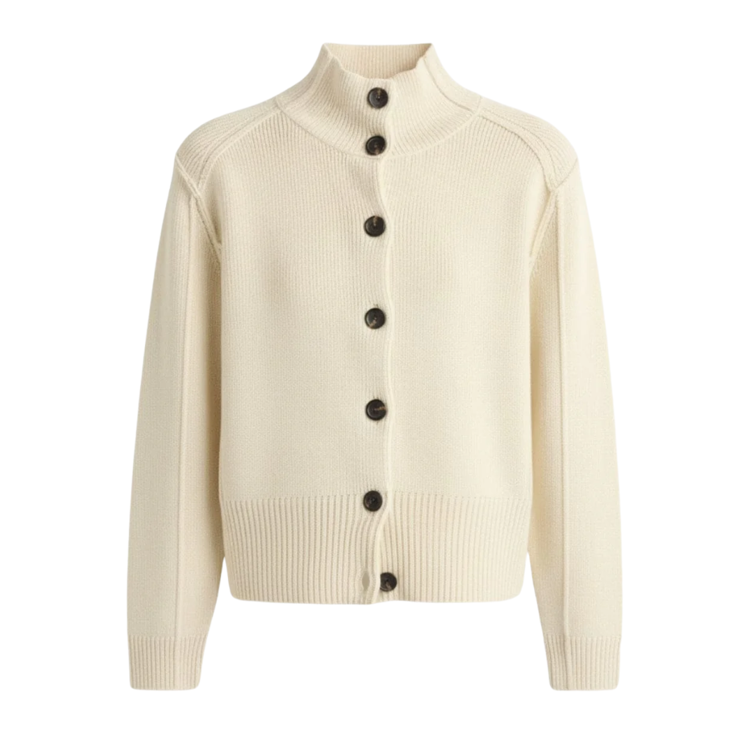 Clove Button Mock-Neck Knit Cardigan in Cream