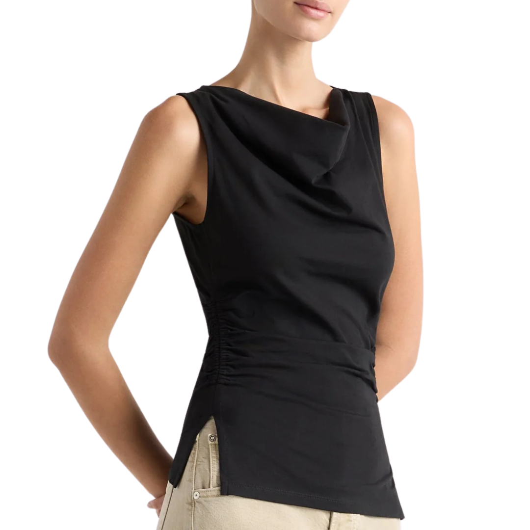 Josie Shirred-Side Cowl-Neck Tee in Black
