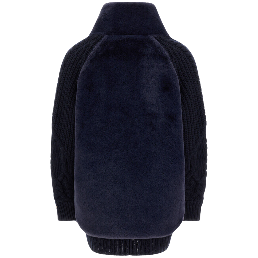 Wool Jacket with Raised Texture and Beaver-Effect Fur Feel in Navy Blue