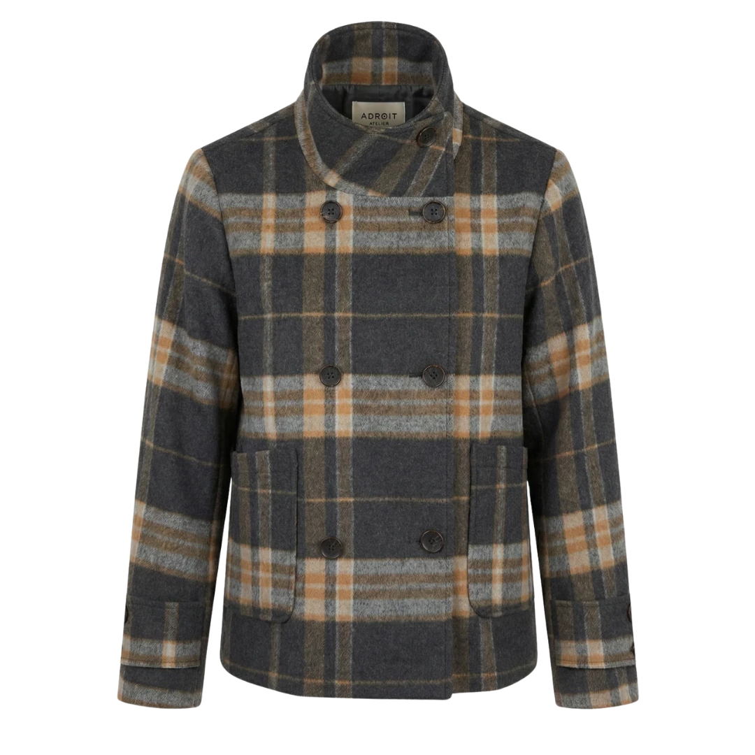 Dakota Double-Breasted Funnel Neck Short Jacket in Charcoal/Camel Plaid