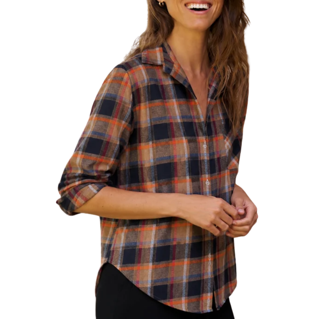 Eileen Relaxed Button-Up Shirt in Gold and Navy with Orange Plaid Flannel