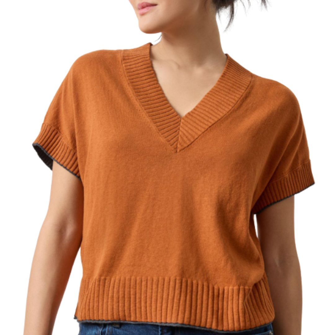 Short Sleeve V-Neck Pullover Sweater in Sierra