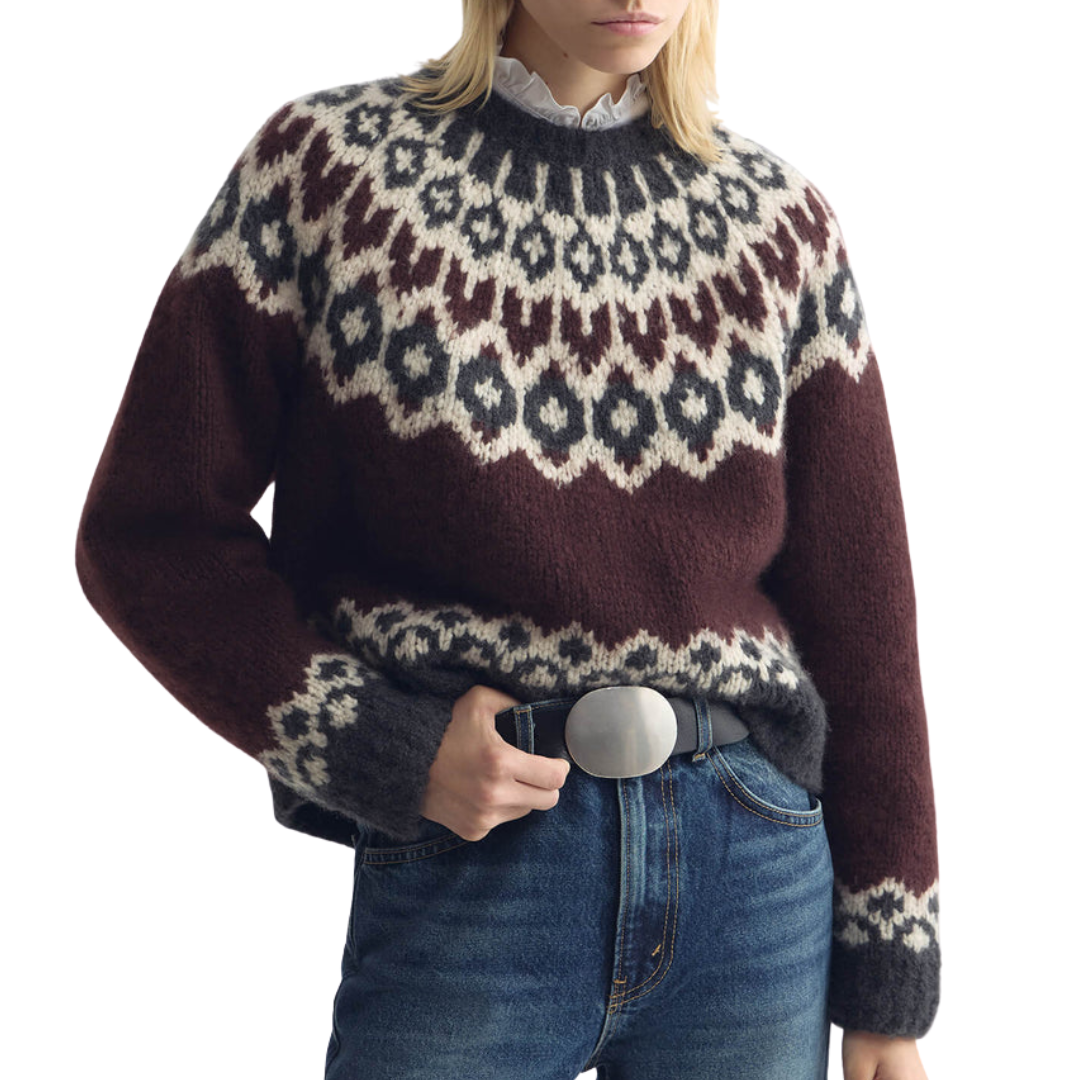Isaline Fair Isle Sweater in Burgundy Fair Isle