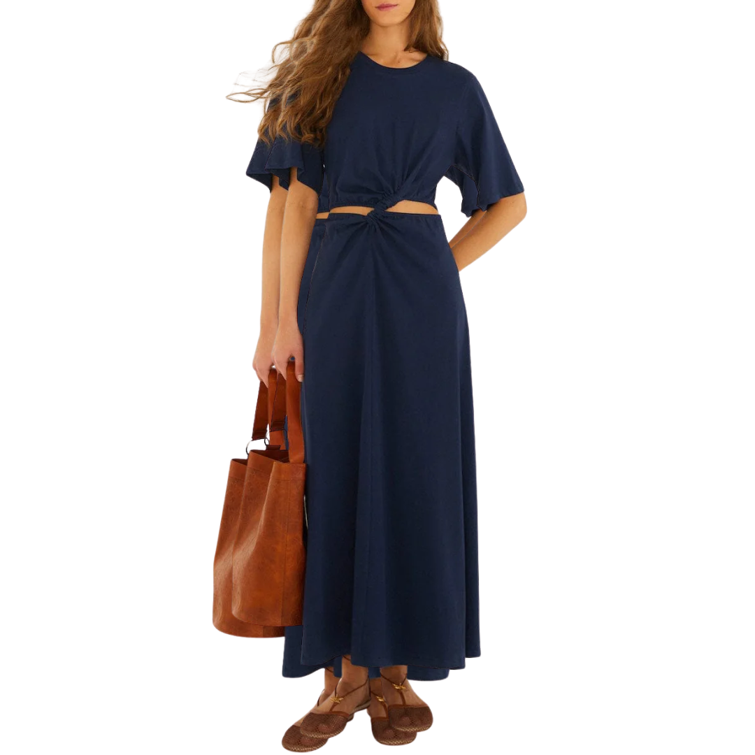 Cut-Out Short Sleeve Maxi Dress in Dark Blue