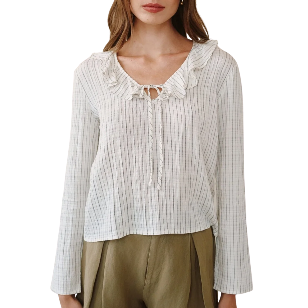 Tie Ruffle Neck Top in Ecru/Black Pinstripe