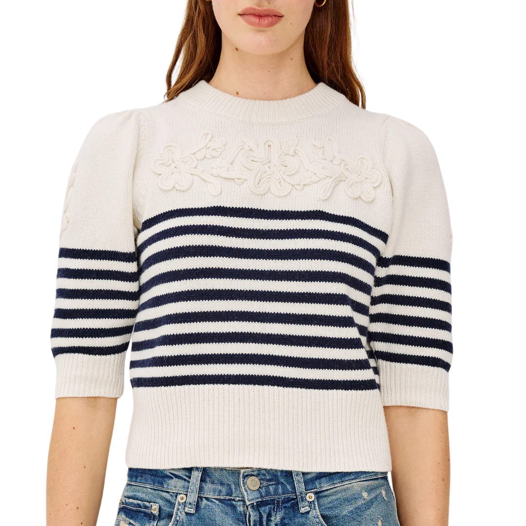 Martha Top in Ivory Navy Floral Stripe