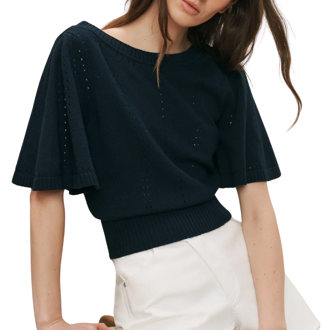 Rhennan Pointelle Knit Top in Navy