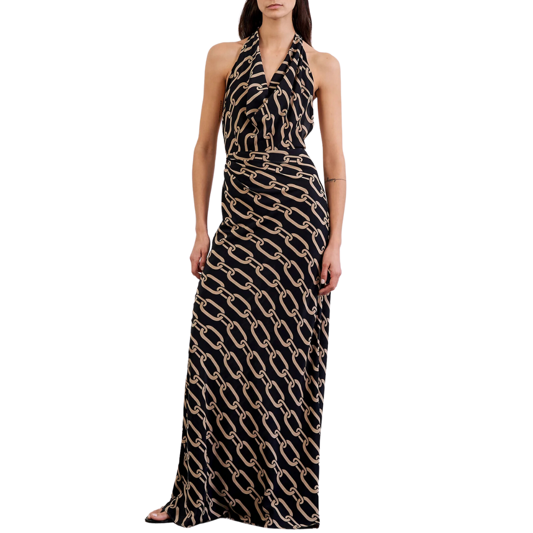 Alba Halterneck Dress in Big Chain Gold/Black