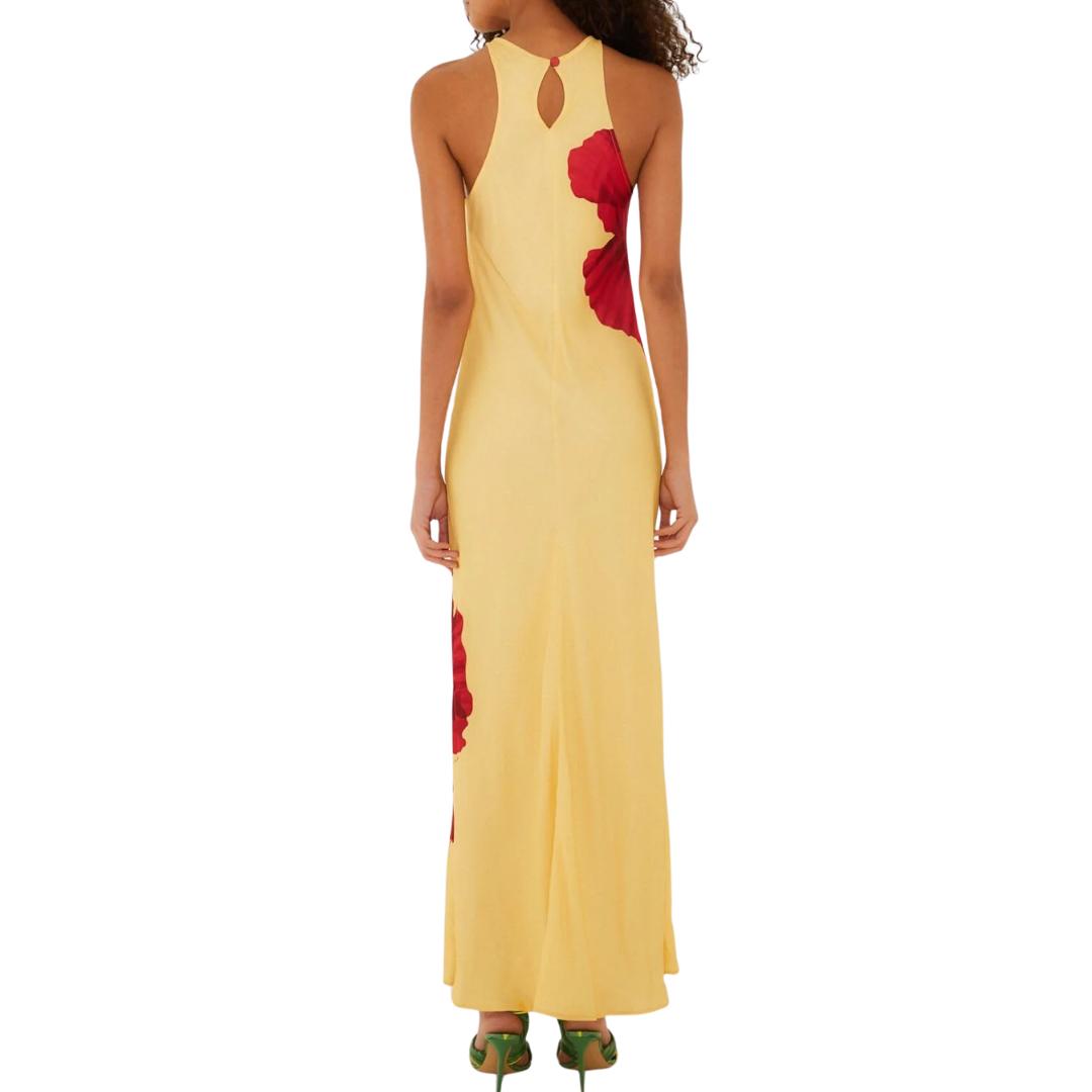 Sleeveless Maxi Dress in Light Yellow Poppy Flowers
