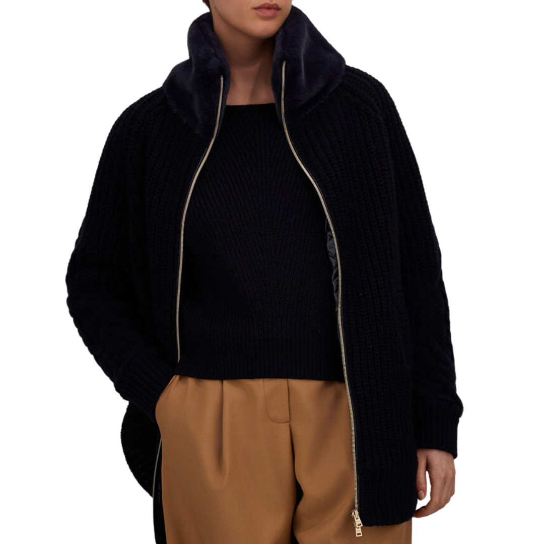Wool Jacket with Raised Texture and Beaver-Effect Fur Feel in Navy Blue