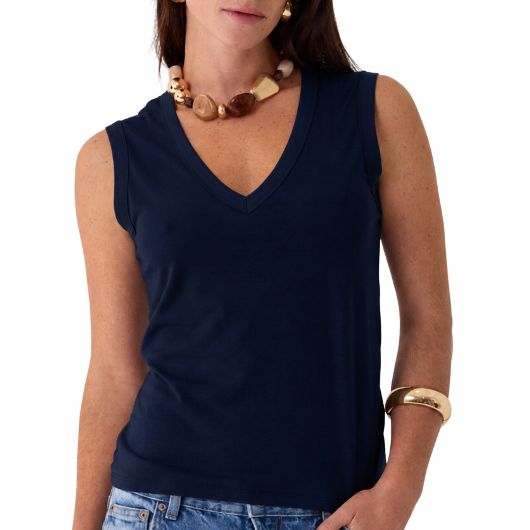 Cotton Silk V-Neck Tank in Marine