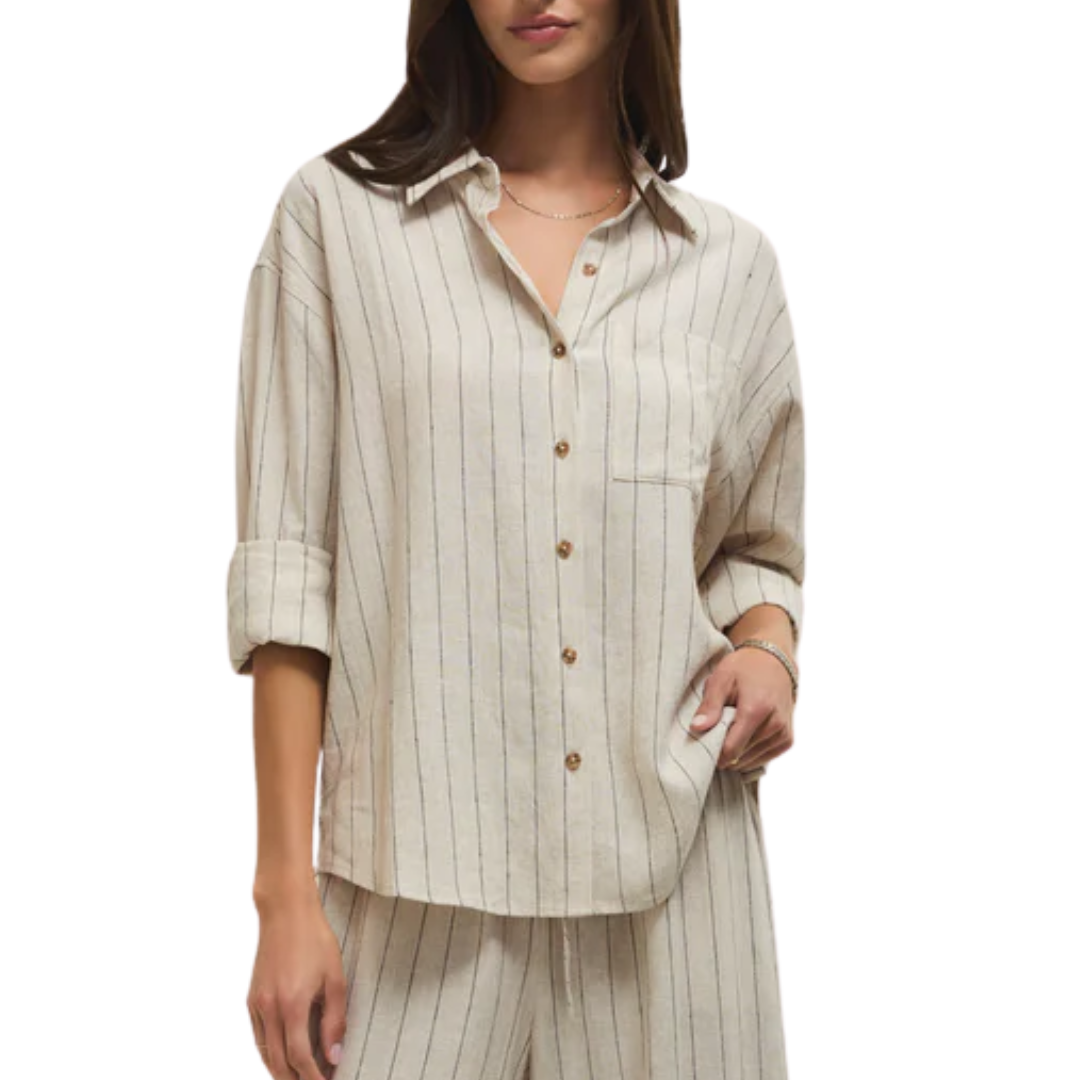 Alfie Striped Linen Button Up in Linen