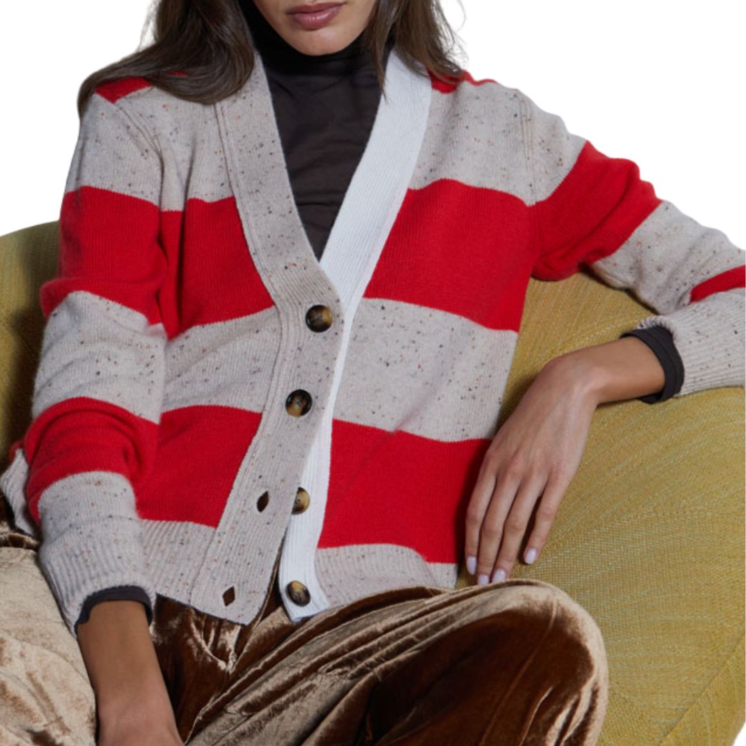 4-Ply Rugby Cardigan in Wild Rice/Redhot/Chalk Combo