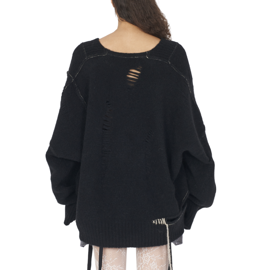 Yak Side Opening V-neck Sweater in Black