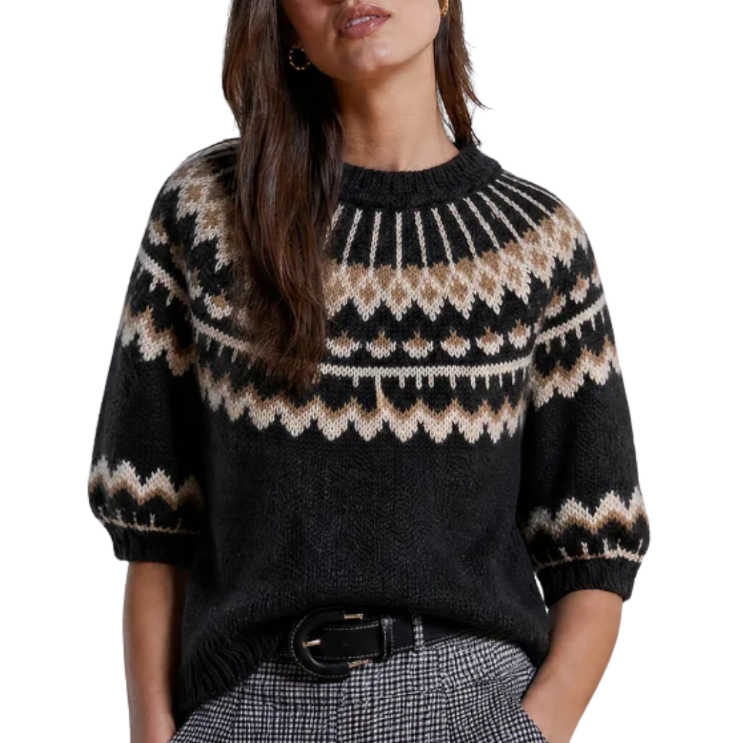 Puff Sleeve Fair Isle Crew in Charcoal/Paper Bag Combo