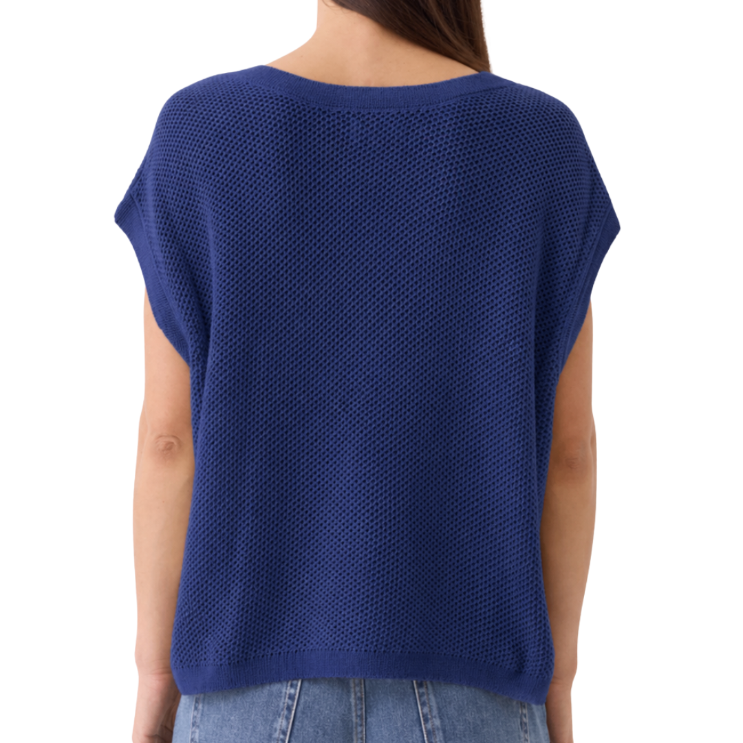 Organic Cotton Knit Cap Sleeve V-Neck Top in Blue Moon