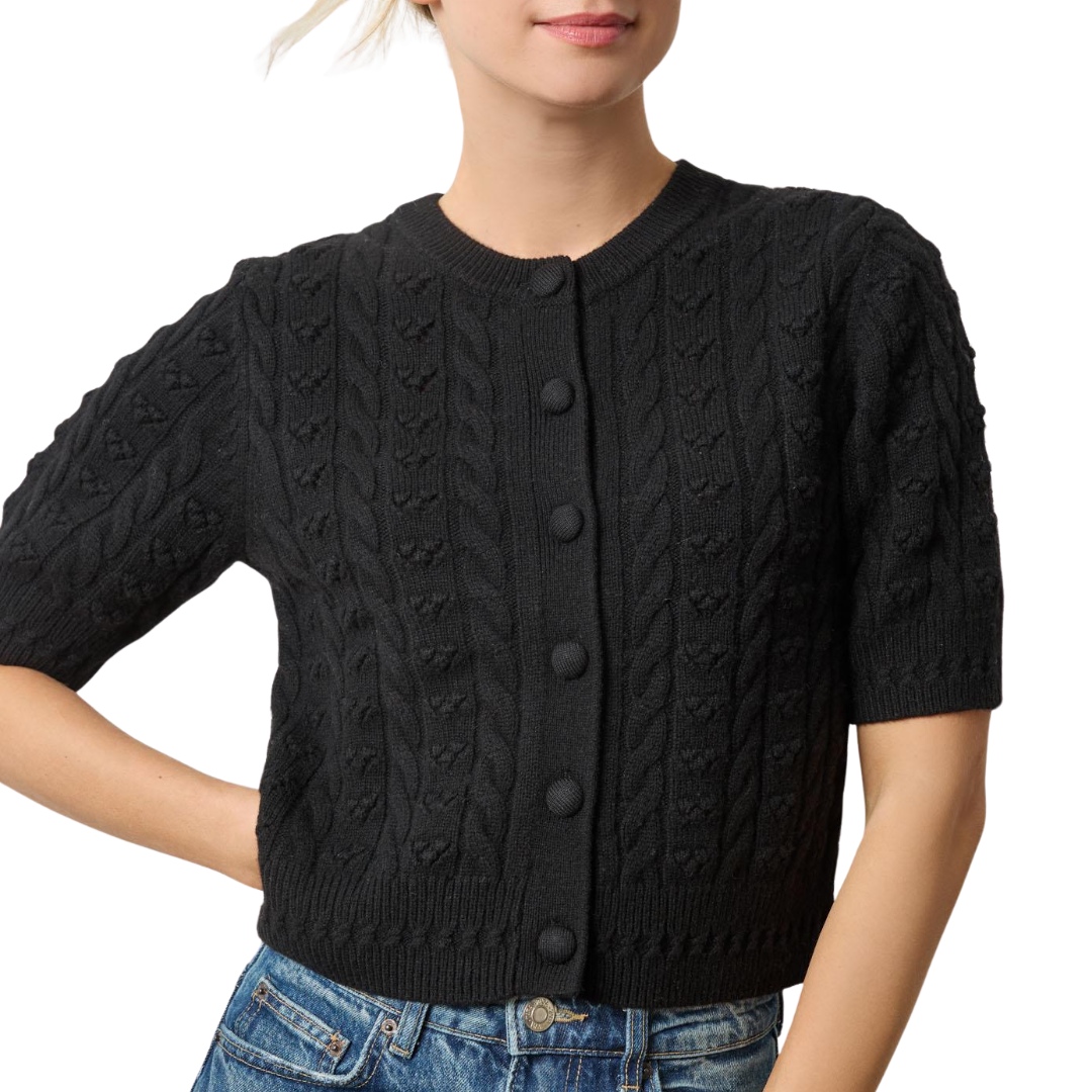Short Sleeve Cardigan Sweater in Black