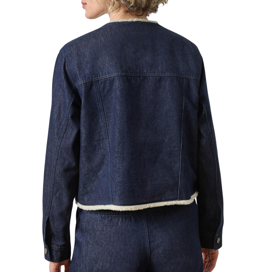 Sherpa Lined Jean Jacket in Dark Wash Blue